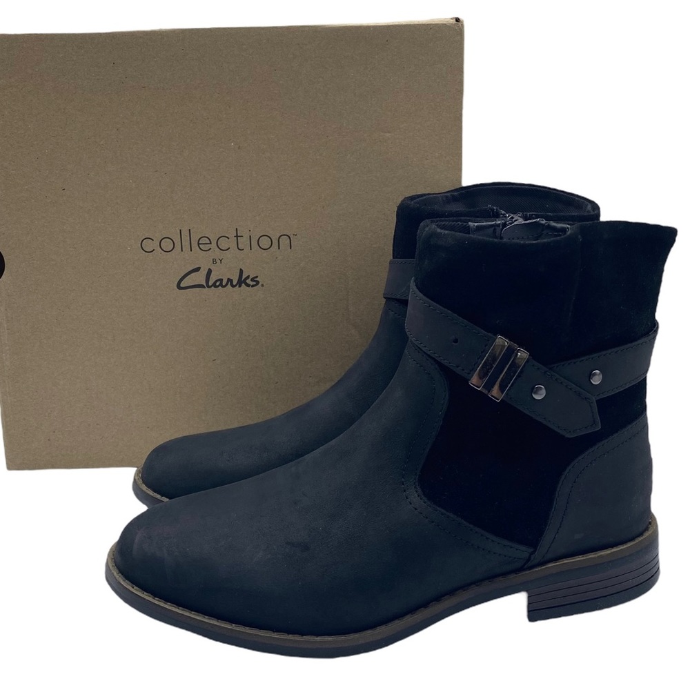Clarks Boot Camzin Strap Black Leather Ankle Moto Size 6 WIDE